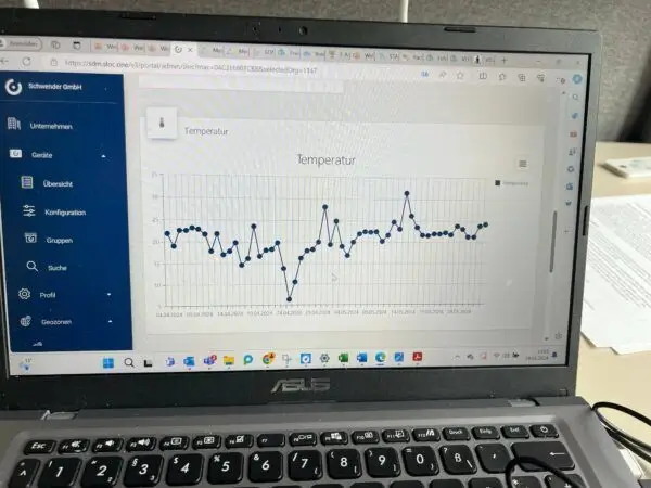 Laptop-Bildschirm mit dem Portal des VLITEX Temperature Trackers, zeigt eine Temperaturgrafik mit Datenpunkten.
